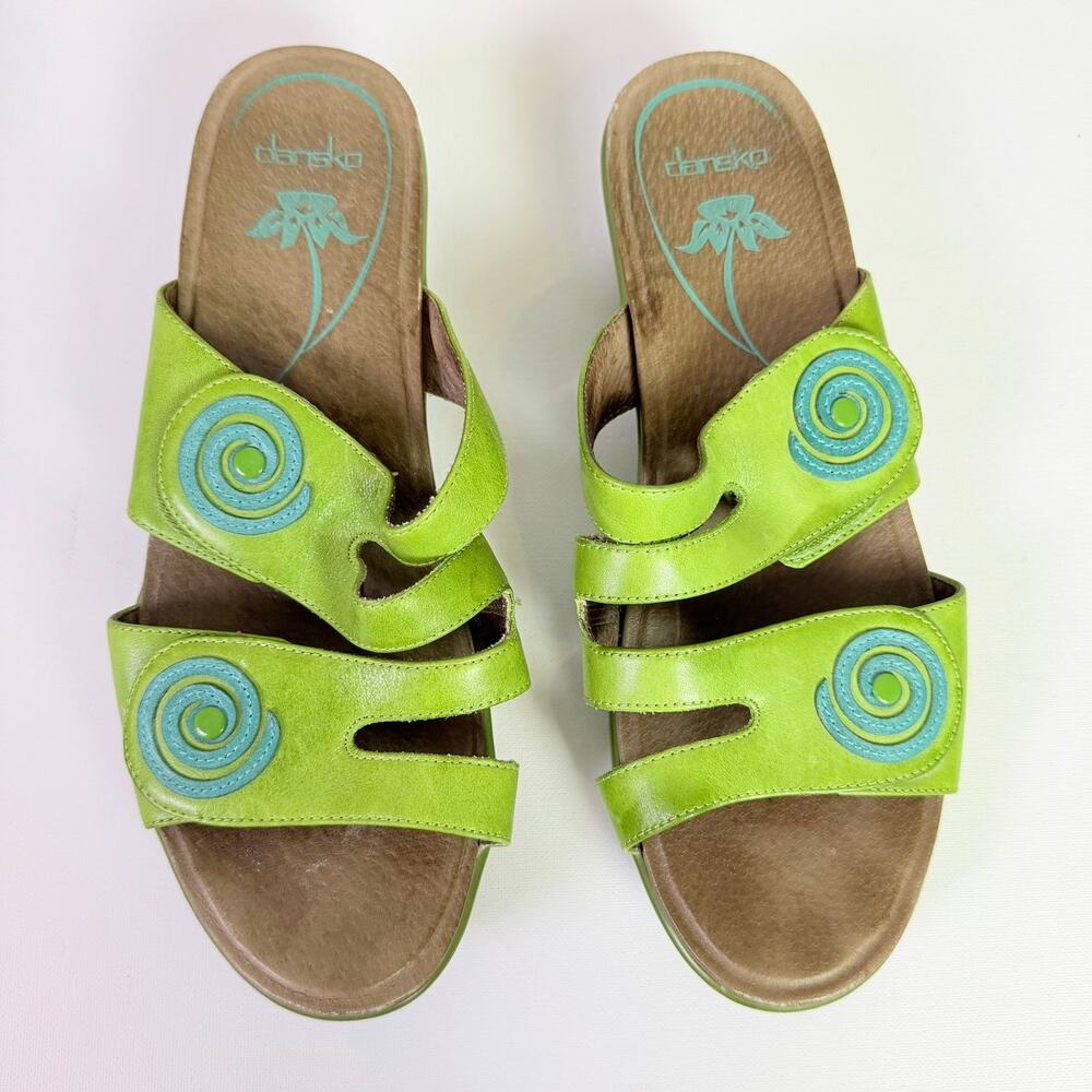 Dansko Dixie Lime Green Leather Spiral Platform Wedge Sandals Women's 41 Retro